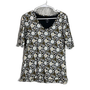 J. Jill Women's Floral Short Sleeve, 100% Pima Cotton, Elbow Sleeve Tee, Sz M